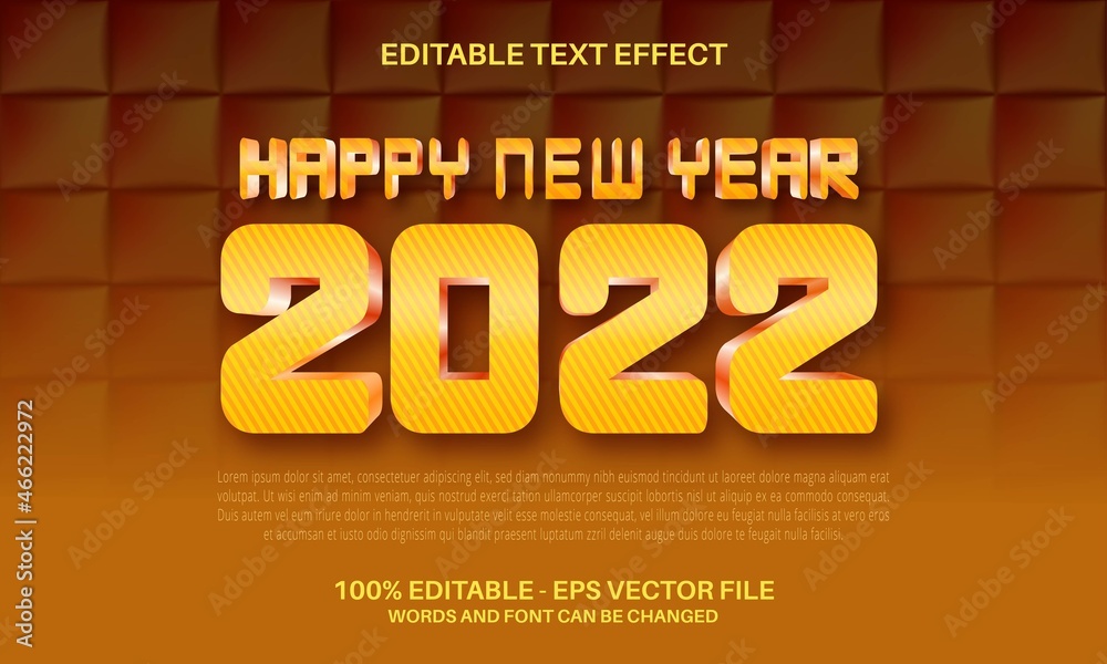 Happy new year 2022 luxury golden editable text effect on 3d square pattern background 