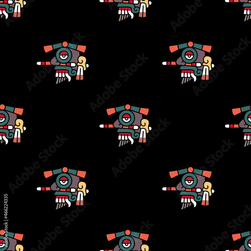 Seamless ethnic pattern with heads of Aztec god Tlaloc. Native American Indian motif from Mexican codex.