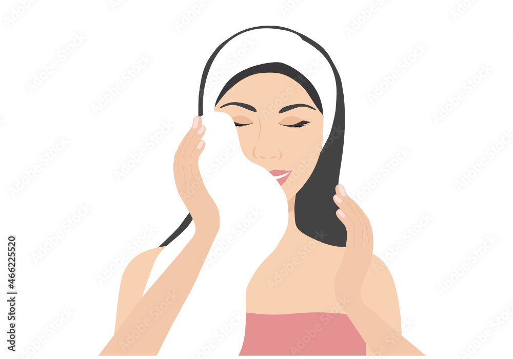 Cleaning face skin concept, beautiful woman wiping her face with white towel after shower vector illustration Cleaning face skin concept, beautiful woman wiping her face with white towel after shower vector illustration