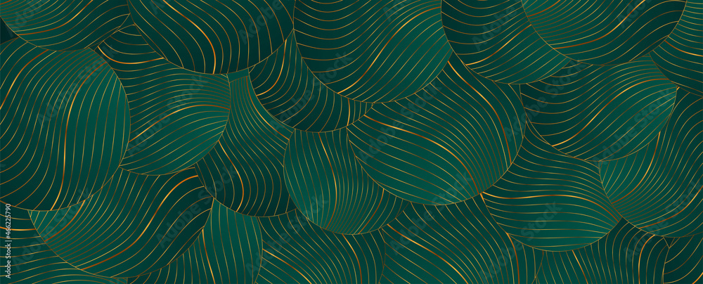 Turquoise abstract background with circles and golden wavy pattern. Art deco ornament vector design Turquoise abstract background with circles and golden wavy pattern. Art deco ornament vector design