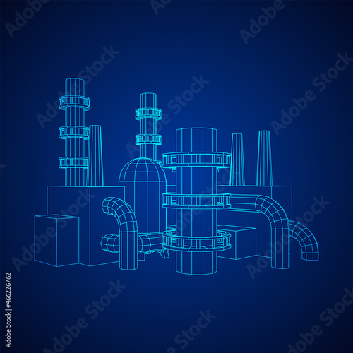 Industrial building factorie facilitie power plant with chimneys. Wireframe low poly mesh vector illustration.