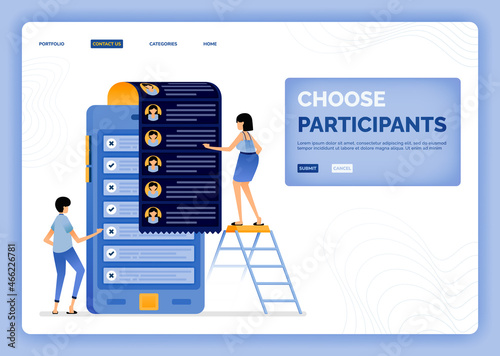 vector illustration of select and analyze job applicants to select participants and volunteers. Design can be used for landing page, web, website, mobile apps, poster, flyer, ui ux