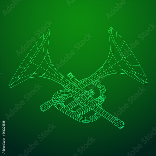 Trumpet pipe fife musiacal instrument. Wireframe low poly mesh vector illustration.