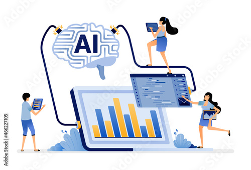 illustration of artificial intelligence develops machine learning programs and analyzes input data. Vector design for landing page, web, website, mobile apps, poster, flyer, ui ux