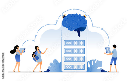 illustration of artificial intelligence collects data and manages databases retrieved from apps user. Vector design for landing page, web, website, mobile apps, poster, flyer, ui ux