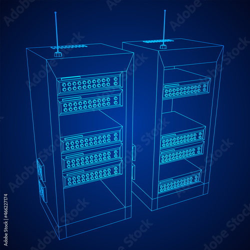 Data network server in cabinet. Diagnostic test in computer room technology communication computers and device concept. Wireframe low poly mesh vector illustration.