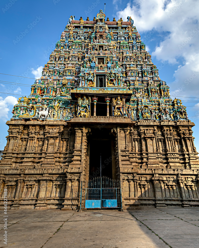 Gopuram of Vishnu Kallazagar temple in Madurai, Tamil Nadu, India.