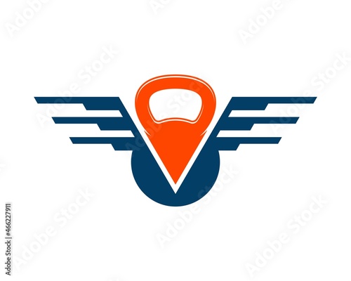 Gym kettle bell with abstract wings and V letter initial