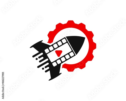 Reel film rocket with media play button and gear