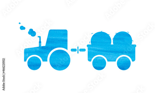 Silhouette of a tractor with a trailer. Watercolor illustration in blue color. Suitable for feature articles, infographics as a symbol or icon, catalog design, books and typography 