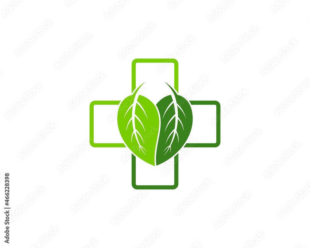 Plus medical symbol with green leaf in the middle Plus medical symbol with green leaf in the middle