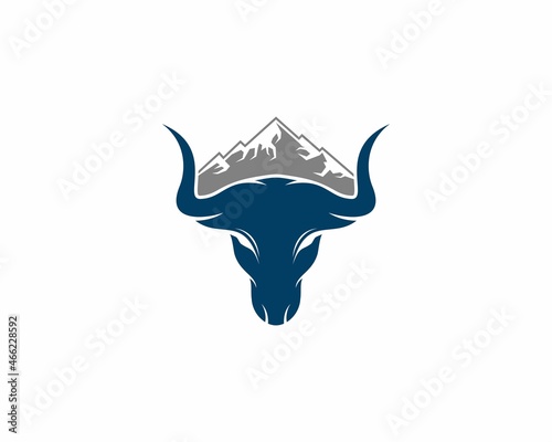 Bull head with mountain behind