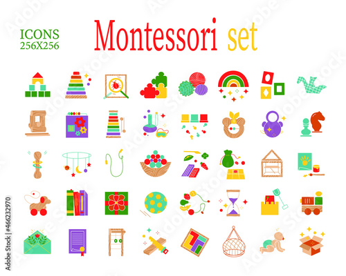 Vector flat colorful collection of icons for early children education by Montessory system. Set of symbols for instagram stories. photo