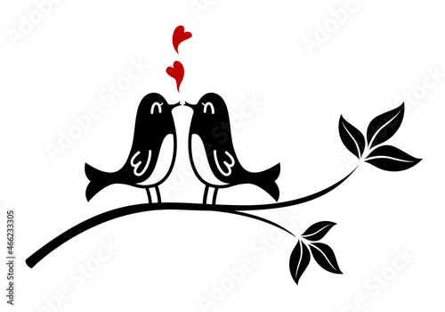 Two lovebirds perched on a branch, black and red cute cartoon on white background.