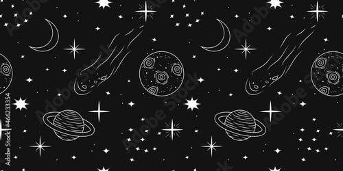 vector seamless celestial pattern on the theme of space, astrology, pattern with stars, planets, moon, comets, asteroids. trendy pattern in flat style