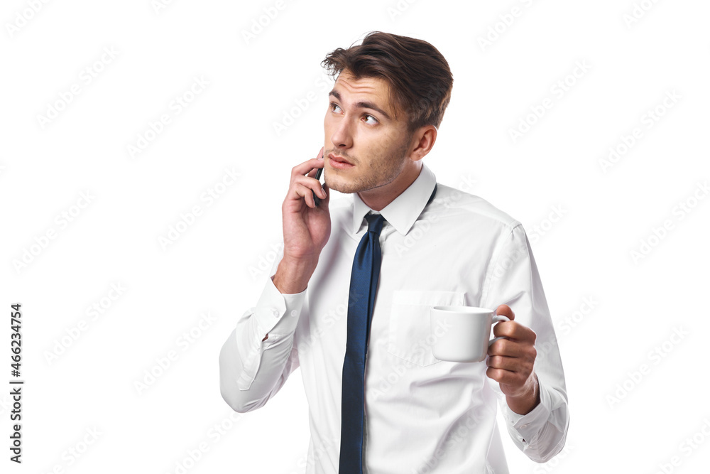 businessmen a cup of coffee talking on the phone official isolated background businessmen a cup of coffee talking on the phone official isolated background