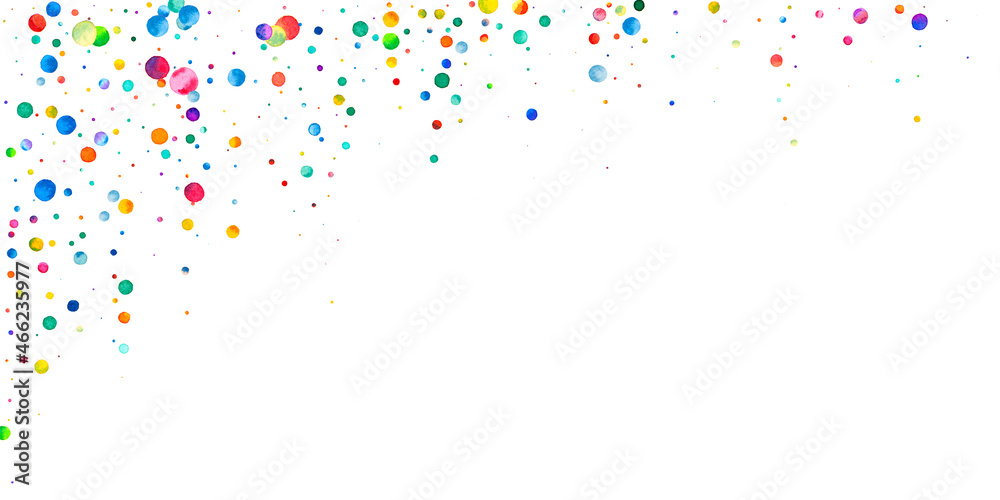Watercolor confetti on white background. Alive rainbow colored dots. Happy celebration wide colorful bright card. Interesting hand painted confetti.