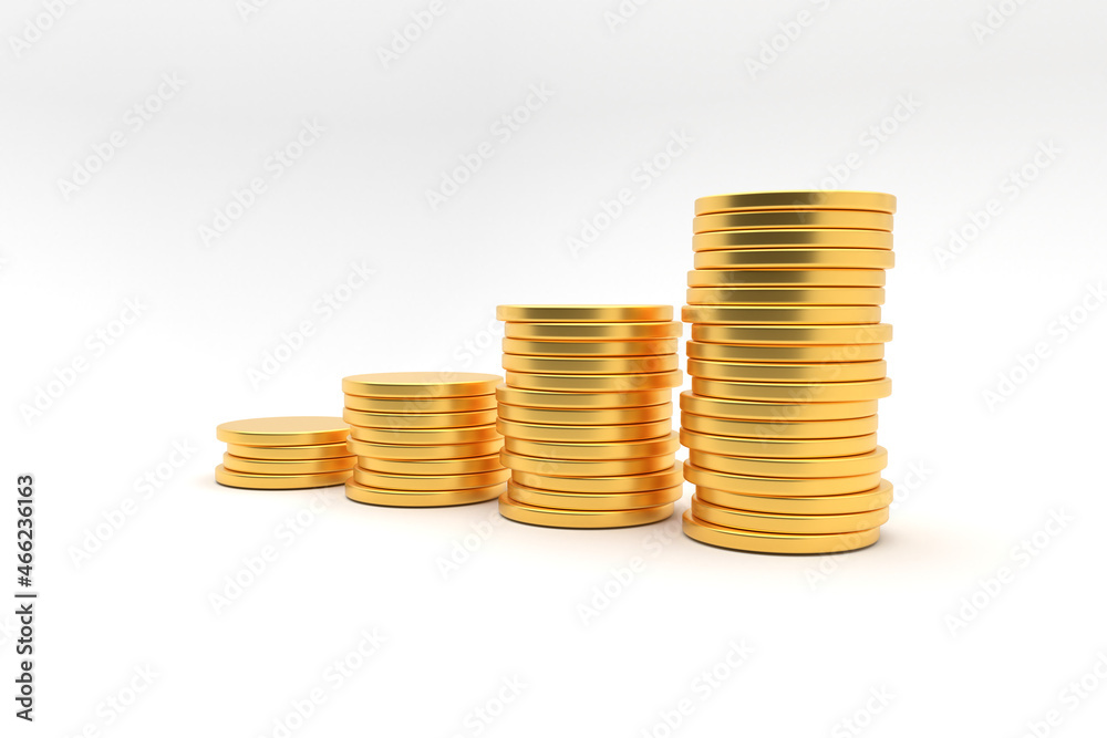 Stacking coins with a graph of profit on white background studio shot Stacking coins with a graph of profit on white background studio shot