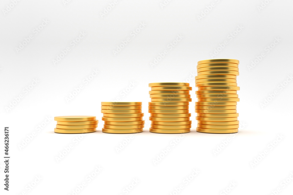 Stacking coins with a graph of profit on white background studio shot Stacking coins with a graph of profit on white background studio shot