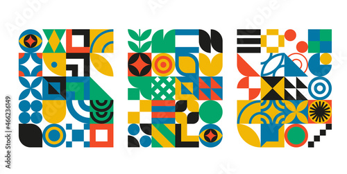 Bauhaus geometric design with eyes elements. Primitive modern shapes and forms. Vector interior posters, covers, banners.