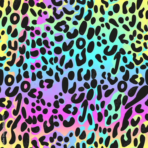 Rainbow leopard seamless pattern. Colorful neon vector background. Gradient wallpaper.