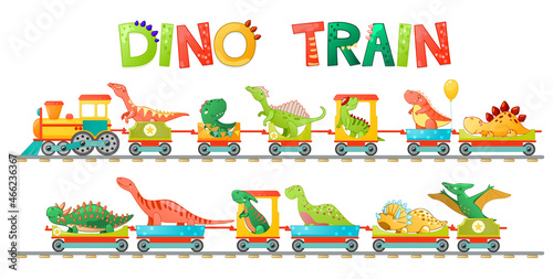 Train with cute little dinosaur in cartoon style. Vector colorful illustration for school, preschool kids design.
