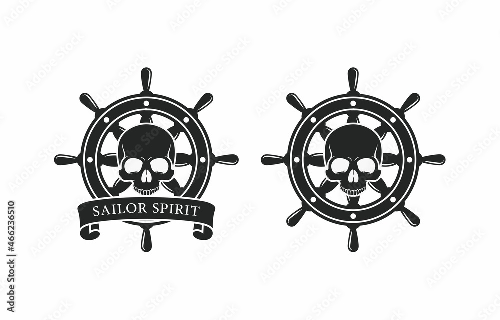 Set of black and white illustrations of a steering wheel, skull on a white background. Design