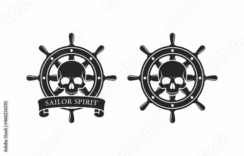 Set of black and white illustrations of a steering wheel, skull on a white background. Design element for poster, emblem, print, sticker, label, badge and tattoo. Vector illustration. Marine symbols.