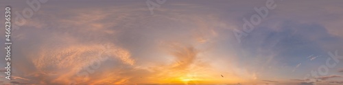 Dark blue sunset sky panorama with Cirrus clouds. Seamless hdr pano in spherical equirectangular format. Complete zenith for 3D visualization, game and sky replacement for aerial drone 360 panoramas.