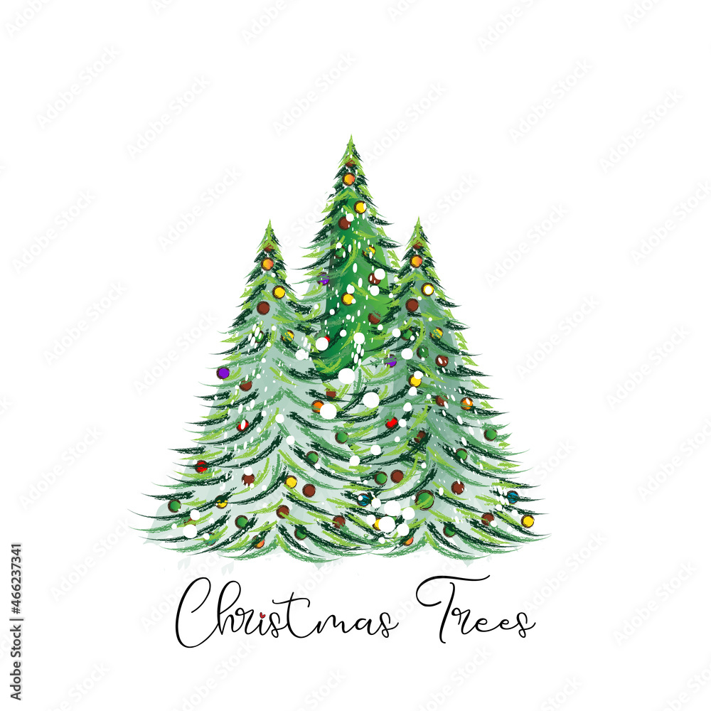 Christmas tree colorful garlands watercolor grunge style vector with modern script calligraphy lettering