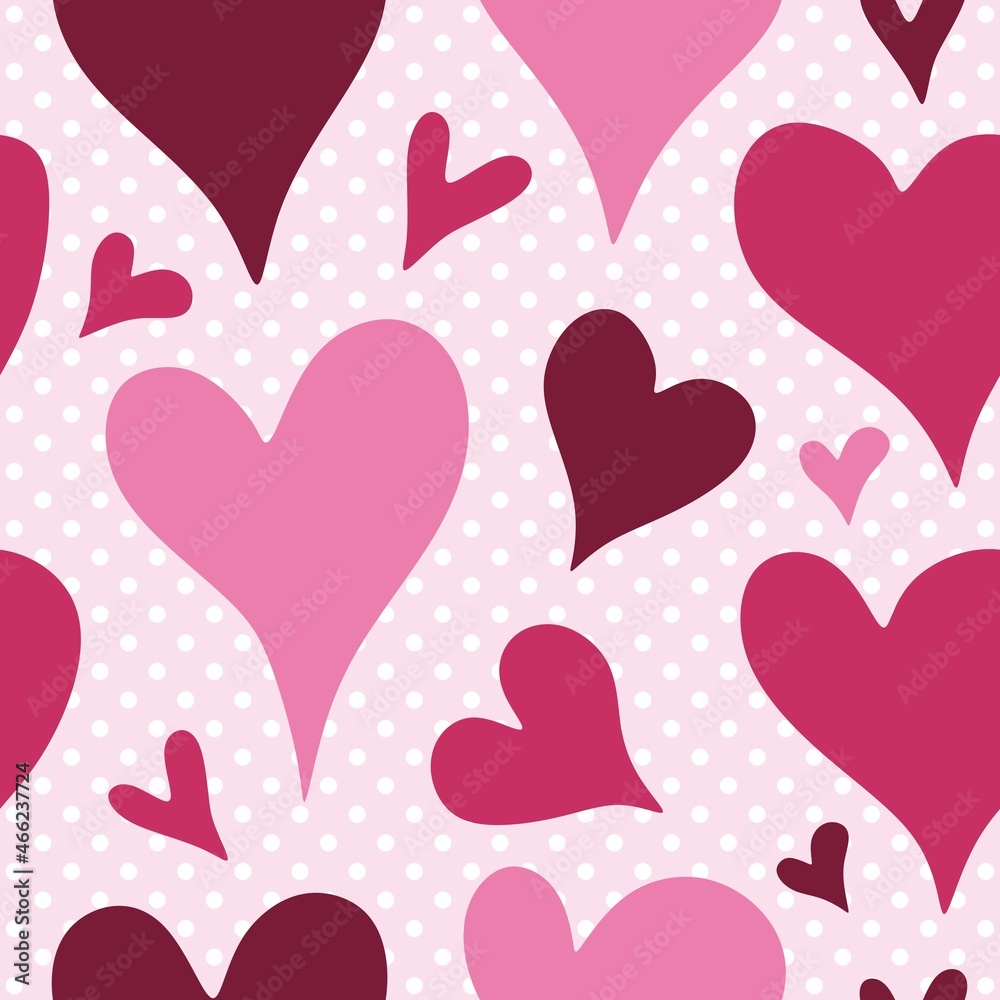 Seamless pattern with cartoon hearts on polka dot background. Print for Valentines day.