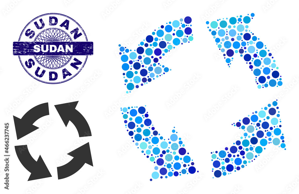 Round dot collage circulation icon and SUDAN round unclean stamp seal. Blue stamp includes SUDAN title inside circle and guilloche pattern. Vector collage is based on circulation icon, Round dot collage circulation icon and SUDAN round unclean stamp seal. Blue stamp includes SUDAN title inside circle and guilloche pattern. Vector collage is based on circulation icon,