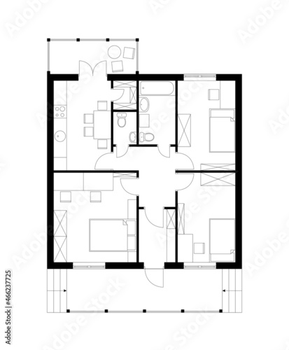 Black and white architecture plan of country house with furniture. Cottage. Vector illustration