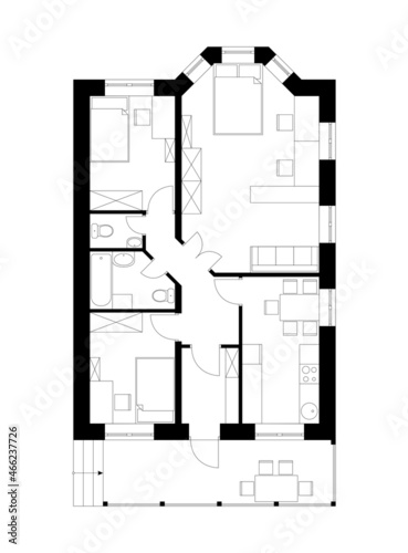 House architectural plan. Black and white technical drawing with furniture. Project with bay window. Vector illustration.