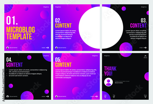 Microblog carousel slides template for instagram. Six pages, purple gradient and sphere theme.