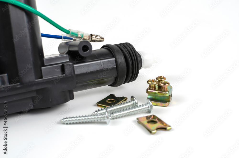 Mechanism of a car door lock isolated on a white background. Mechanism of a car door lock isolated on a white background.