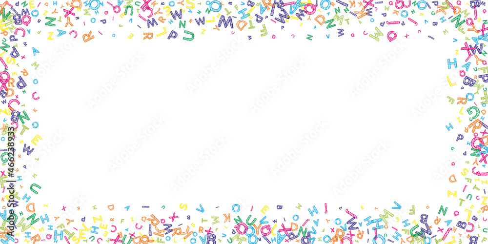 Falling letters of English language. Colorful messy sketch flying words of Latin alphabet. Foreign languages study concept. Attractive back to school banner on white background. Falling letters of English language. Colorful messy sketch flying words of Latin alphabet. Foreign languages study concept. Attractive back to school banner on white background.