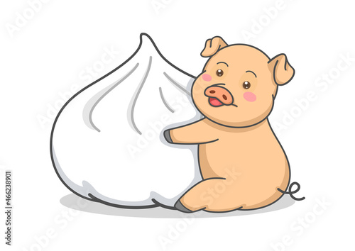 cute pig hugging steam bun mascot logo