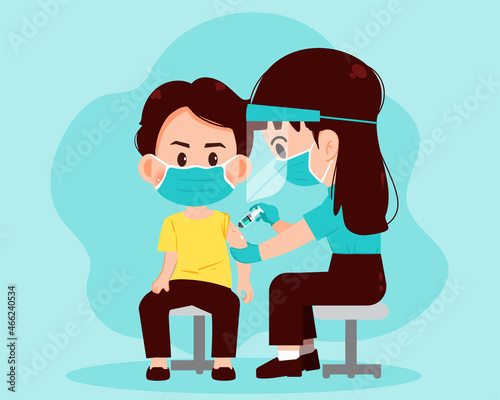 Female doctor injecting vaccine to man patient healthcare and medical concept drawn cartoon art illustration