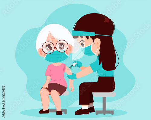 Female doctor injecting vaccine to grandmother healthcare and medical concept drawn cartoon art illustration
