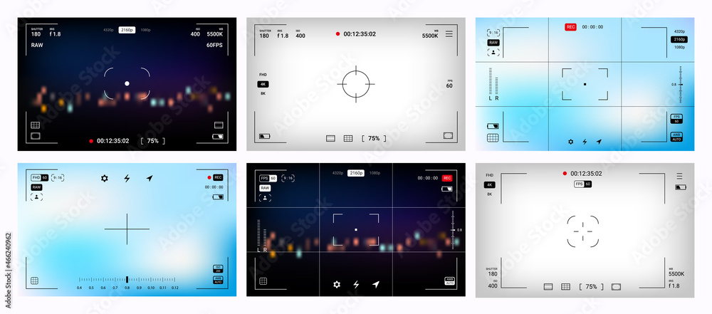 Viewfinder frame. Photography focusing screen with interface icons. Digital video record display view. Smartphone photo or video camera screen with UI elements. Vector rec borders set