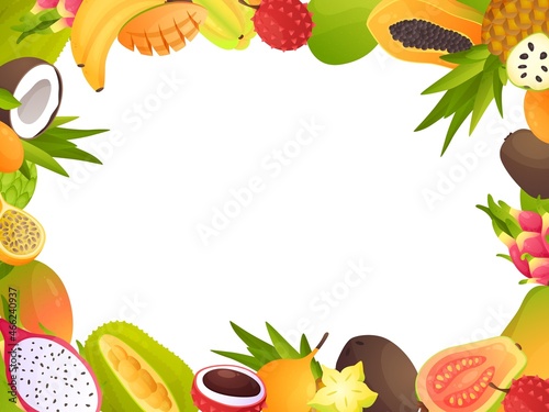 Exotic fruit frame. Cartoon tropical food blank border. Sweet pineapple and mango. Ripe guava or fig. Coconut and mangosteen. Restaurant and bar menu framing. Vector summer background