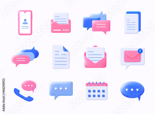 Realistic message icons. 3D plastic chat symbols. Mobile SMS communication speech bubble. Information notification and email interface element templates. Vector smartphone signs set