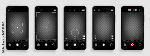 Phone camera interface. Smartphone photography and video viewfinder. App with focusing frame and adjustment buttons. Mobile UI touchscreen. Vector snapshot digital focus borders set