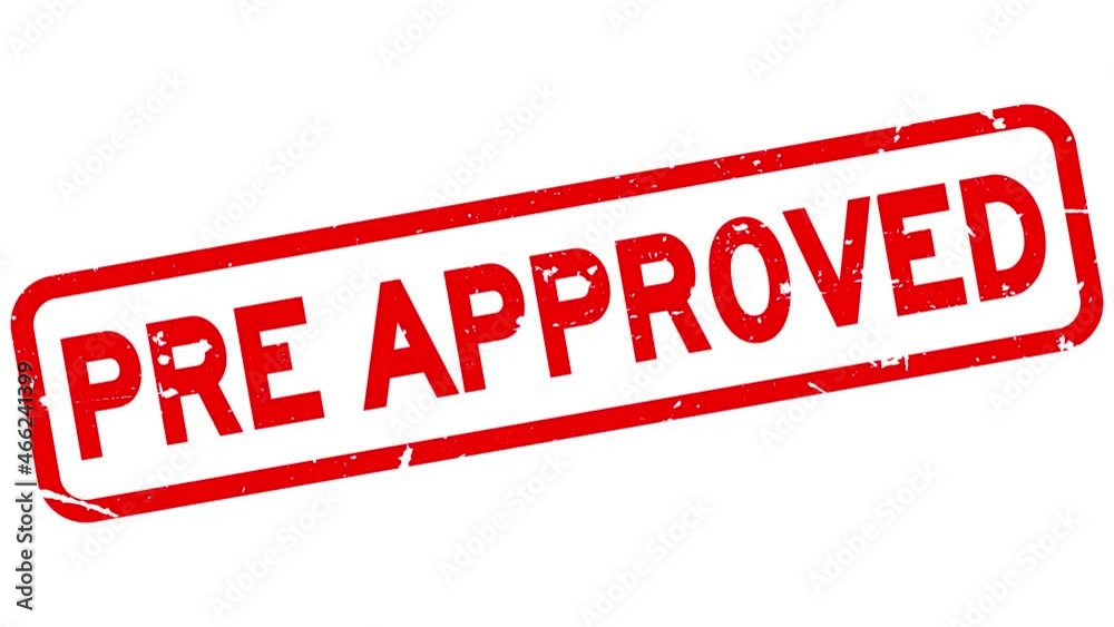Grunge red pre approved word square rubber seal stamp zoom on white background