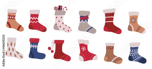 Christmas socks. Contemporary doodle holiday stocking for Xmas gifts with New Year tree and winter ornaments. Festive decoration. Wool foot clothing collection. Vector accessories set