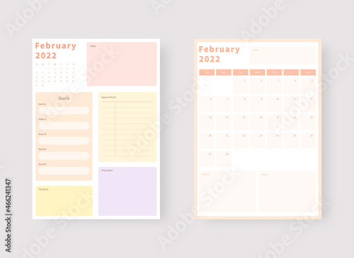February 2022 planner template set. Set of planner and to do list. Monthly, weekly, daily planner template. Vector illustration.