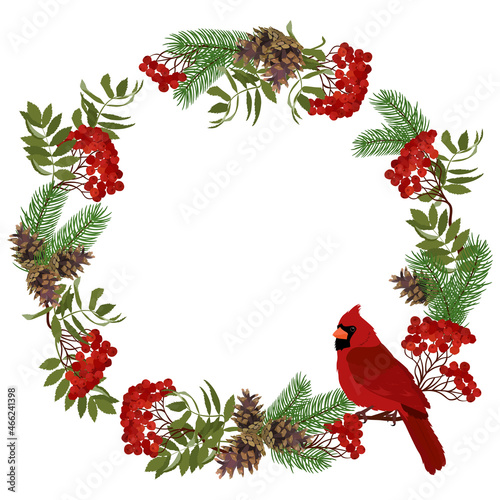 Canvas Christmas decorated wreath with pine, rowan and bird cardinal on a white isolated background