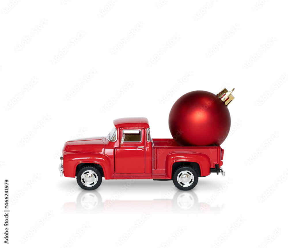 toy red car and christmas tree toy red ball isolated object
