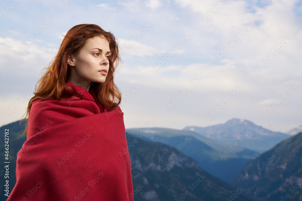 woman with red plaid on nature in the mountains vacation adventure woman with red plaid on nature in the mountains vacation adventure